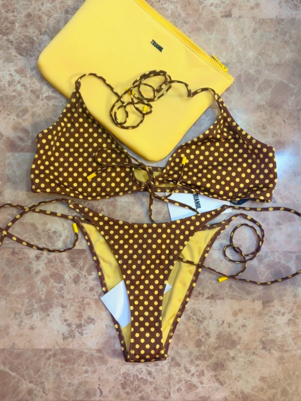 triangl swimwear Brown and Yellow Polka Dot Bikini Set